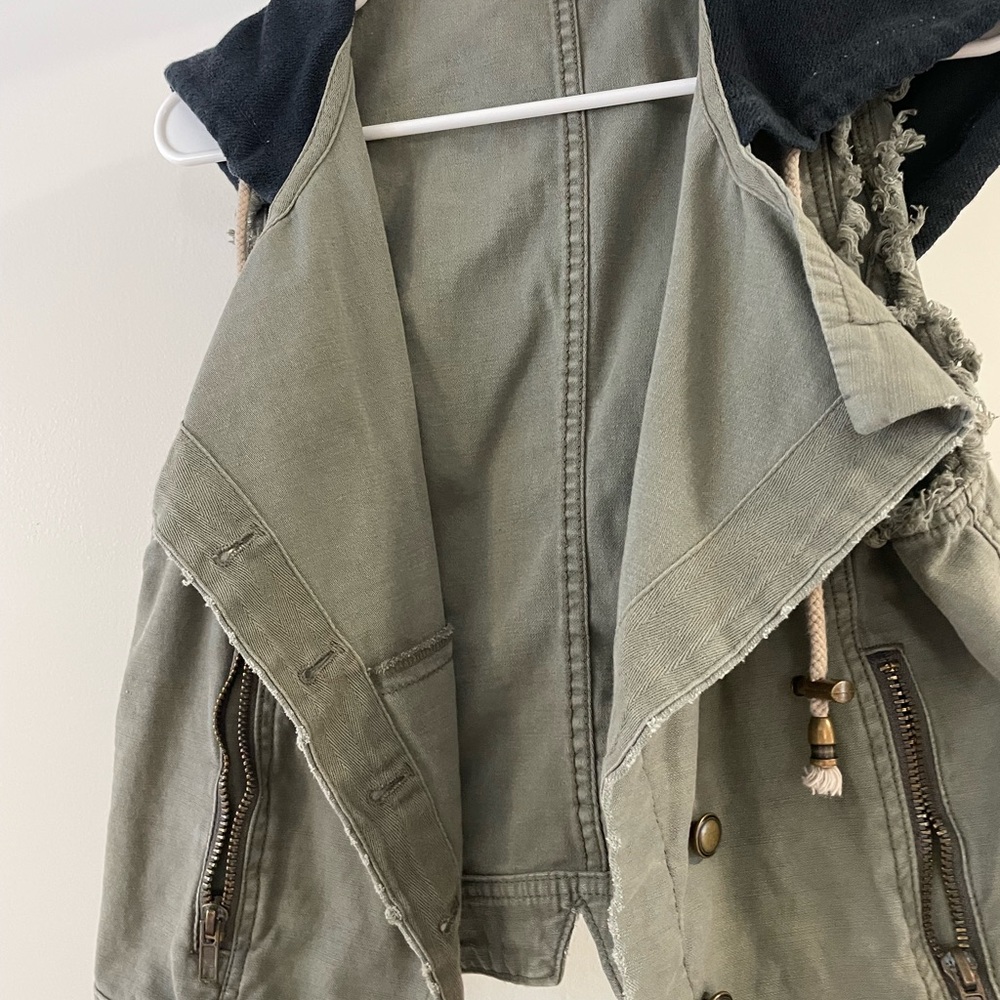 Free People Olive Green Hooded Vest with Fringe